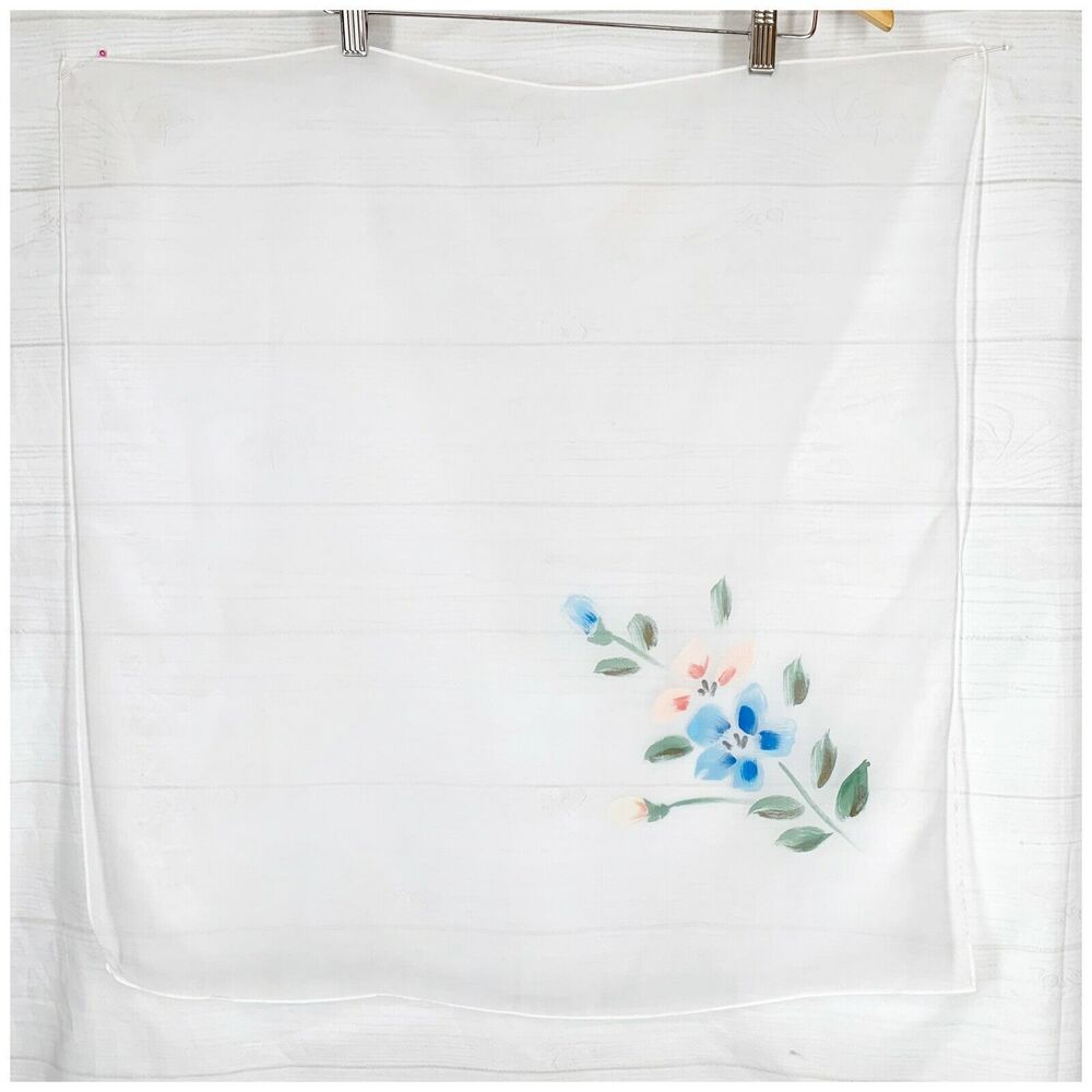 HAND PAINTED White Chiffon Square Scarf FLORAL Blue Pink Green Sheer Rolled Edge - Picture 1 of 3